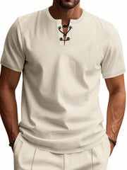 Men's apricot cotton t-shirt with waffle texture and lace-up V-neck detail.