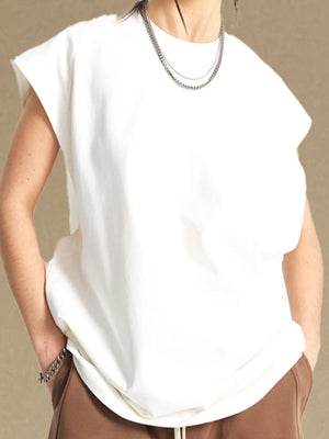 White raglan shoulder sleeveless top with raw hem detail.