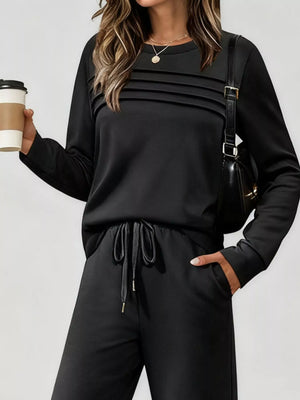 Black casual long-sleeve top with velvet stripe detail and drawstring pants set