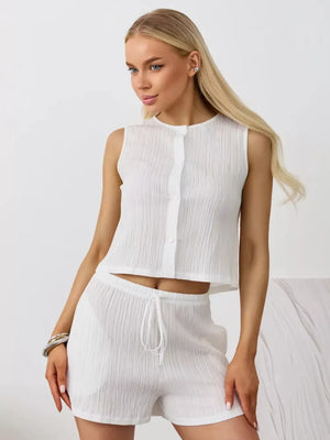 White textured cotton tank top and drawstring shorts set with button front detail.