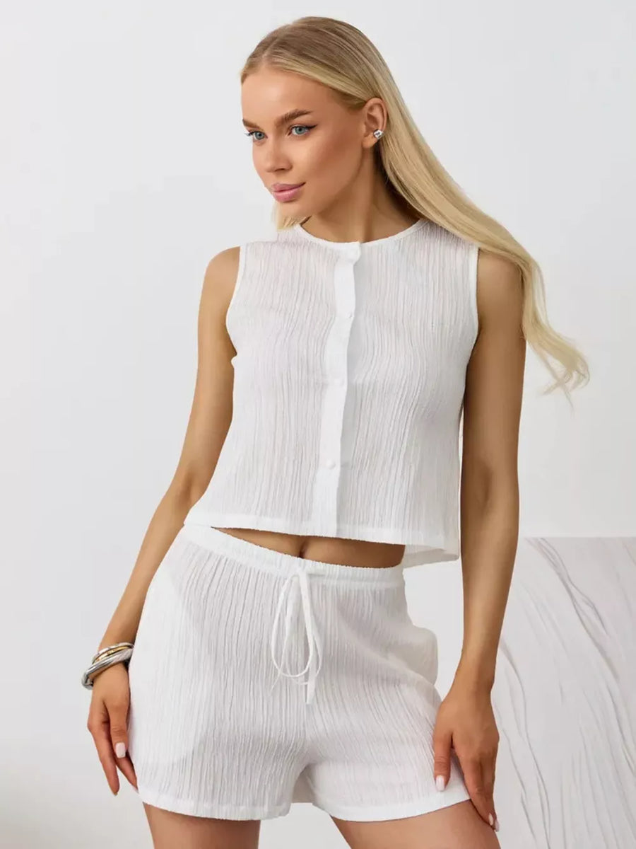 White textured cotton tank top and drawstring shorts set with button front detail.
