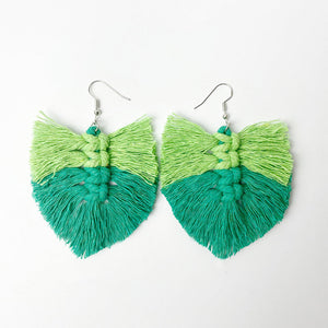 Macramé leaf fringe earrings in green and teal with boho style.