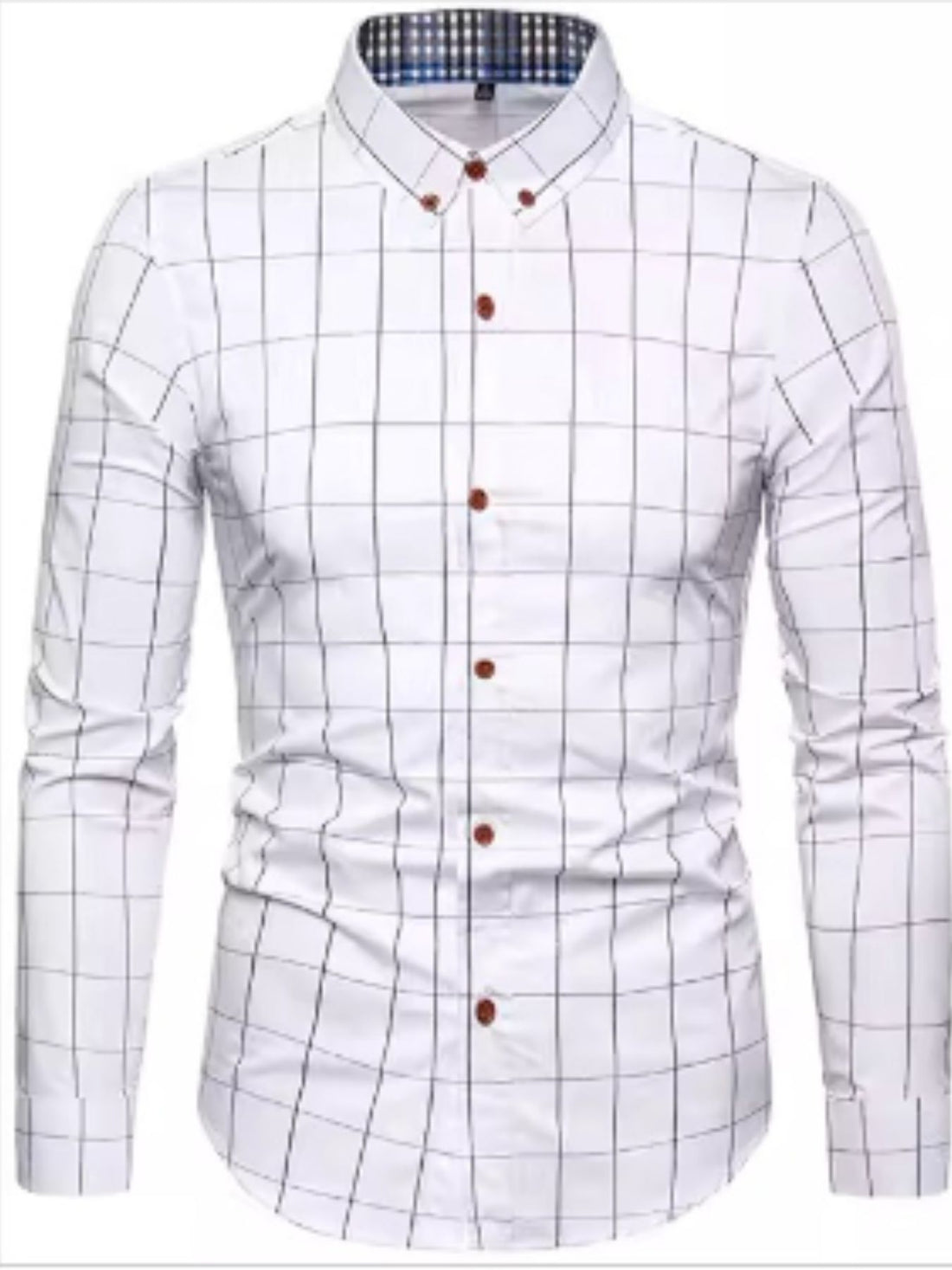 Men's white long-sleeve button-up shirt with a black grid pattern and button-down collar.