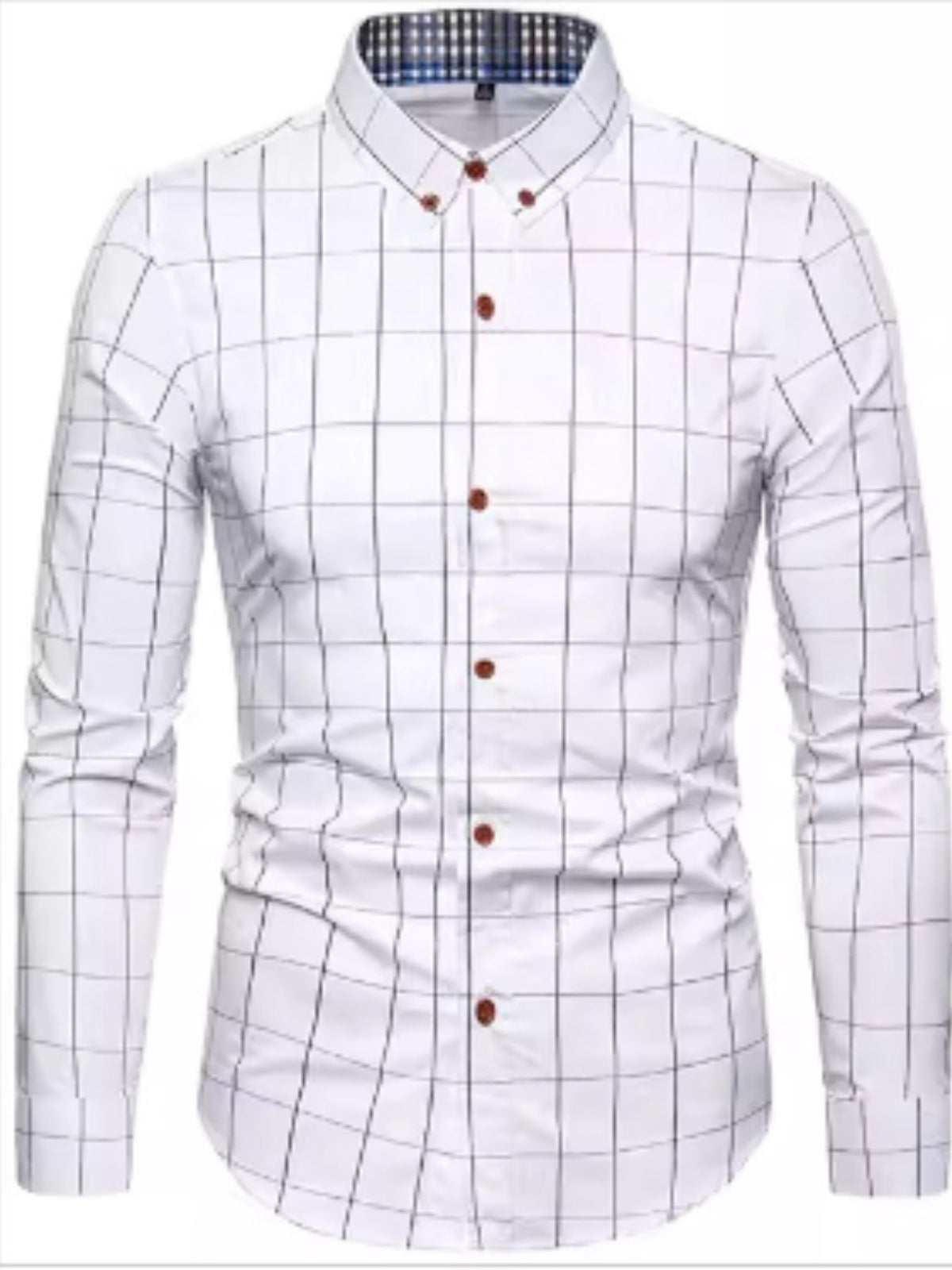 Men's white long-sleeve button-up shirt with a black grid pattern and button-down collar.