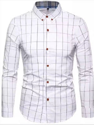 Men's white long-sleeve button-up shirt with a black grid pattern and button-down collar.