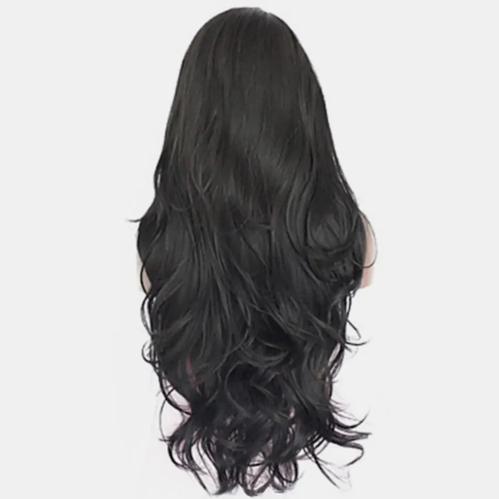 Black lace front wig with voluminous, cascading waves and a natural-looking finish.