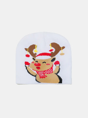 White acrylic beanie with a festive reindeer graphic and red scarf detail.