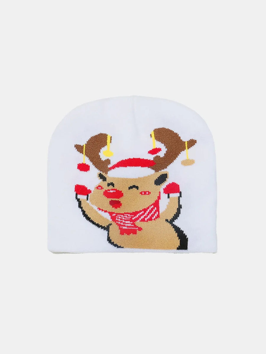 White acrylic beanie with a festive reindeer graphic and red scarf detail.