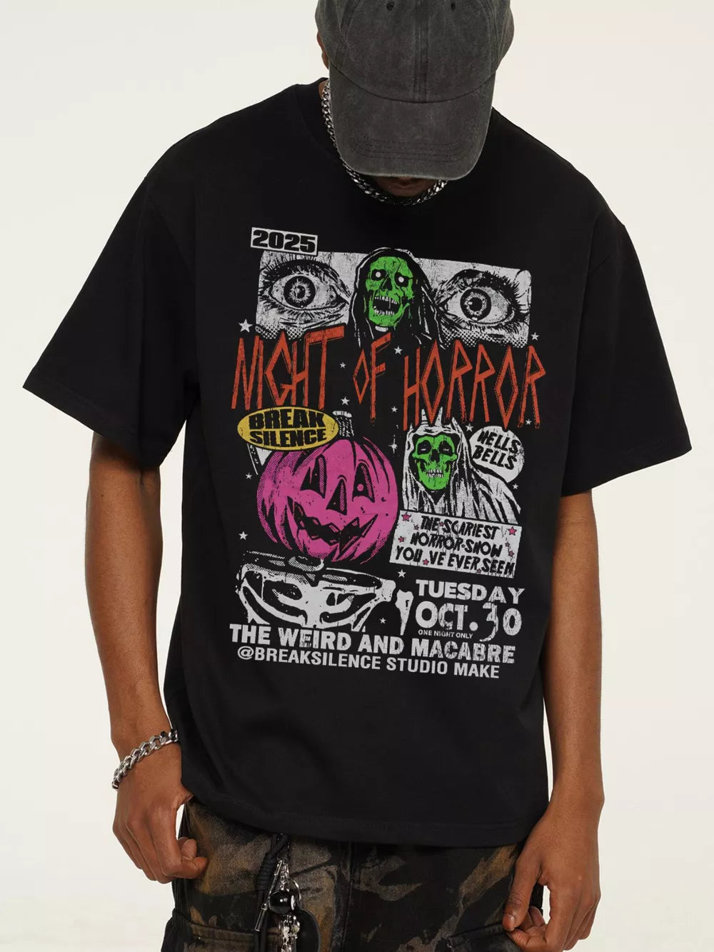 Black cotton t-shirt with vintage horror graphic featuring skulls, eyes, and a pumpkin.