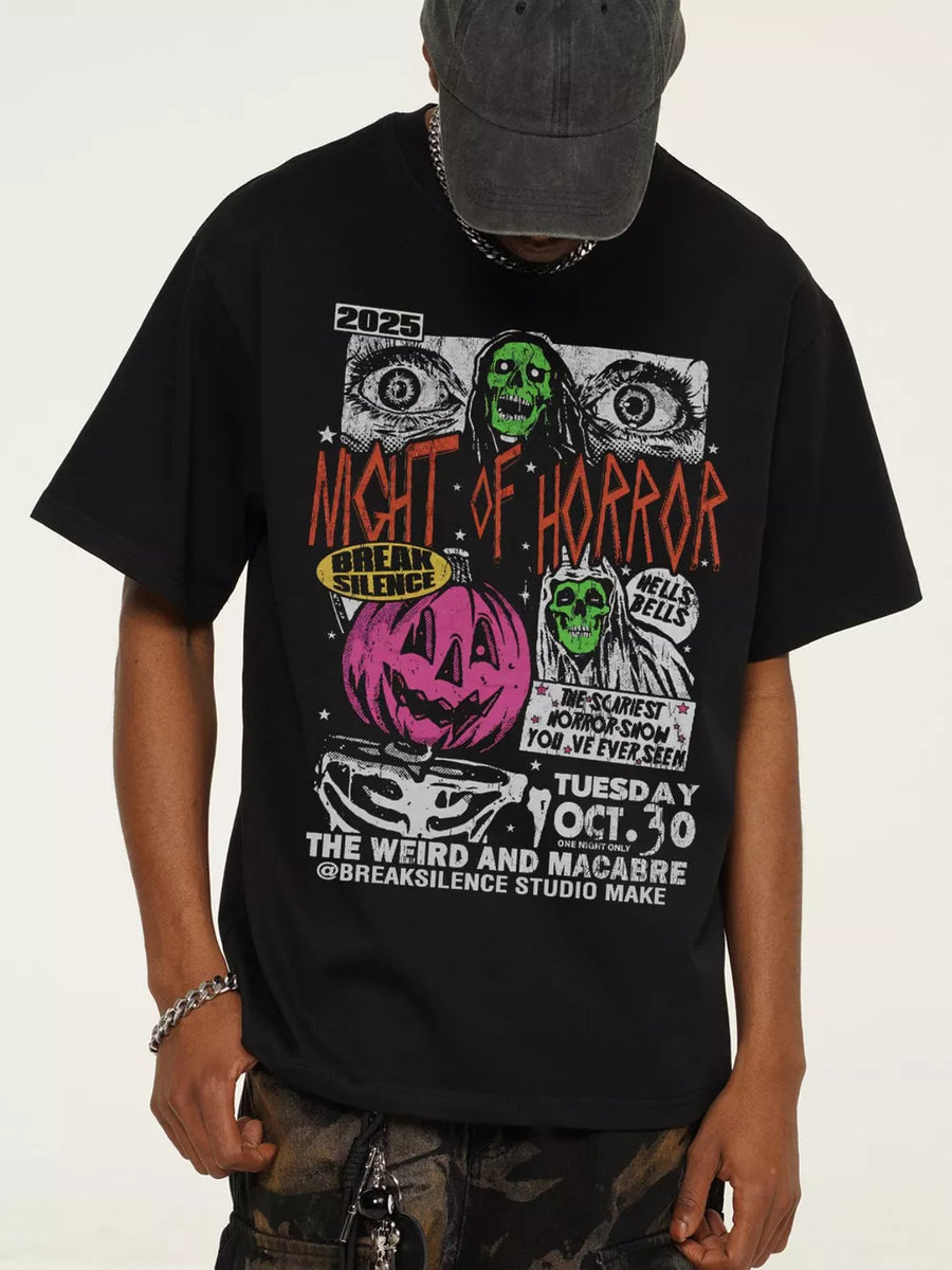 Black cotton t-shirt with vintage horror graphic featuring skulls, eyes, and a pumpkin.