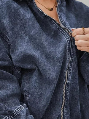 Vintage Washed Zip Up Hooded Denim Jacket in Dark Blue with oversized