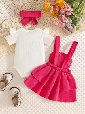 white overall dress with ruffled and cap sleeve