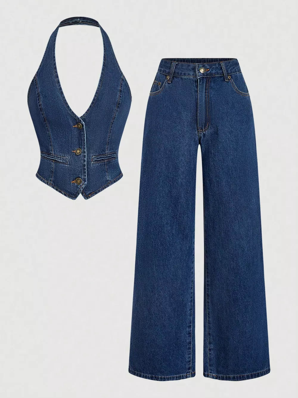 Gray Halter Neck Denim Vest And Wide-leg Jeans Set
