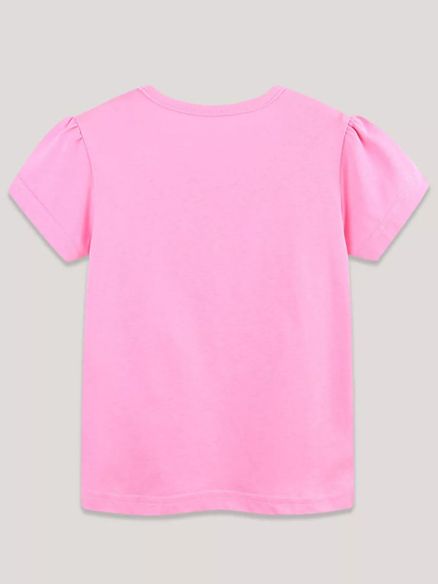 Pink cotton crew neck t-shirt with puff sleeves and dinosaur print.