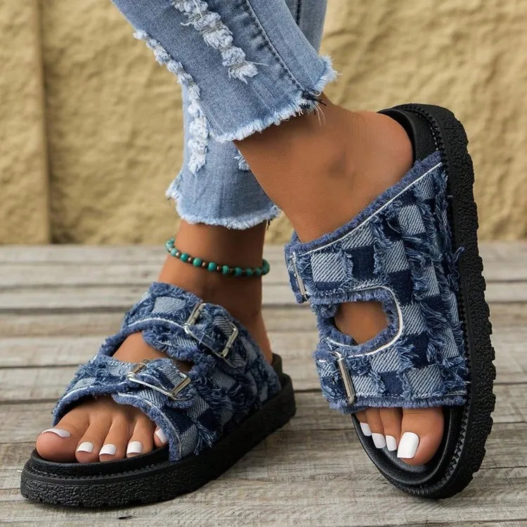 Denim checkered platform buckle slides with frayed edges and silver buckles.