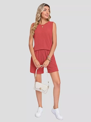 Red ribbed knit sleeveless top and shorts set with pockets.