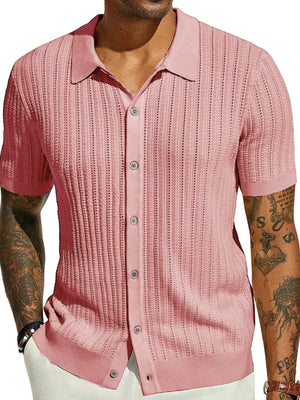 Textured knit polo shirt in Dusty Pink with openwork detail and short sleeves.