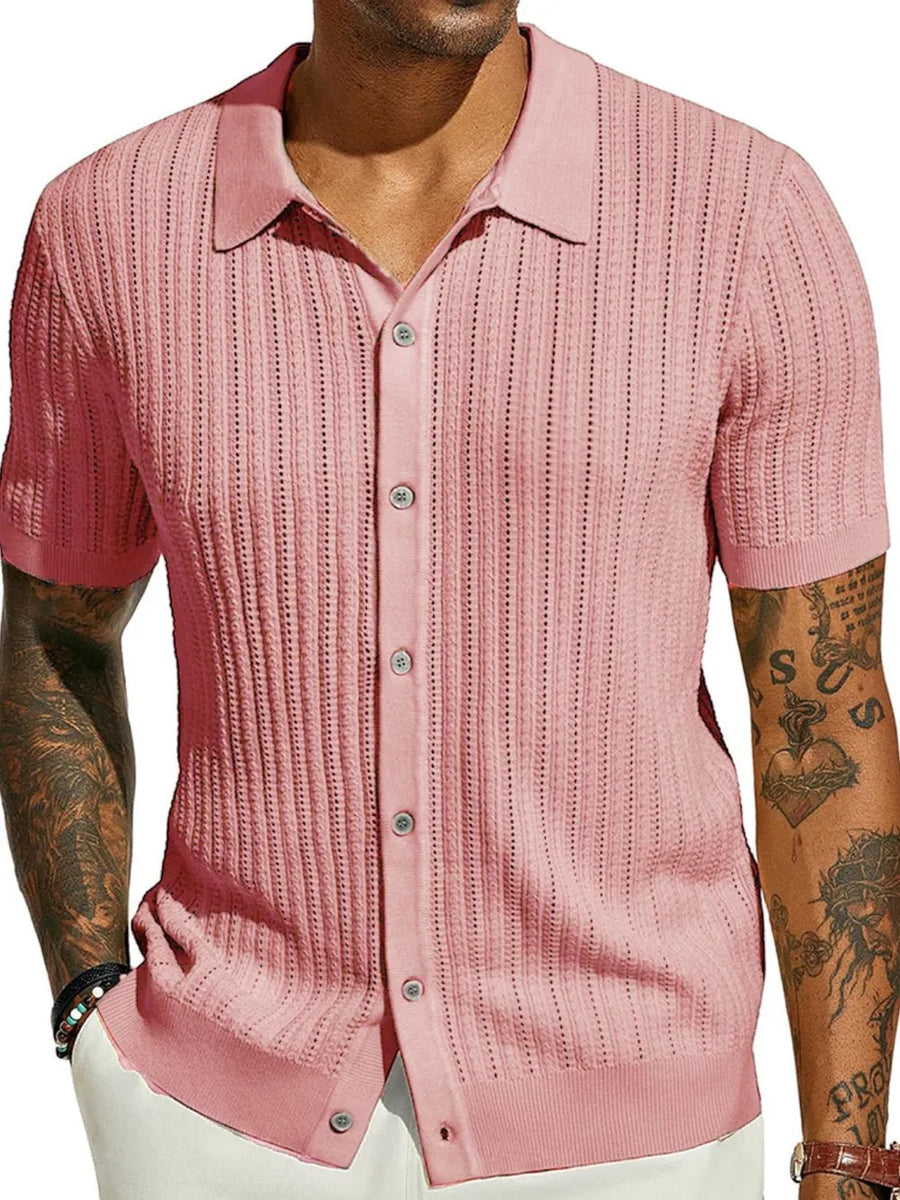 Textured knit polo shirt in Dusty Pink with openwork detail and short sleeves.