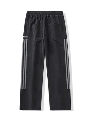 Black men's drawstring sweatpants with reflective side stripes and back pockets.