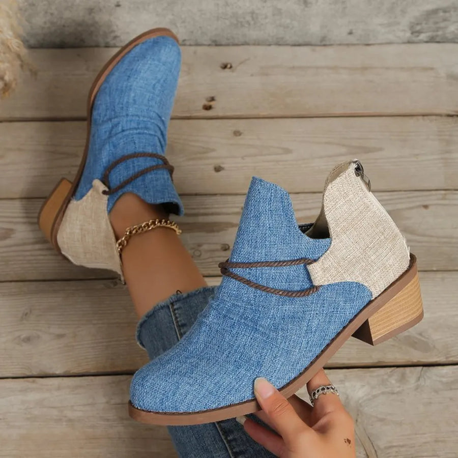Denim and canvas cutout ankle boots in blue with brown rope detail and block heel.