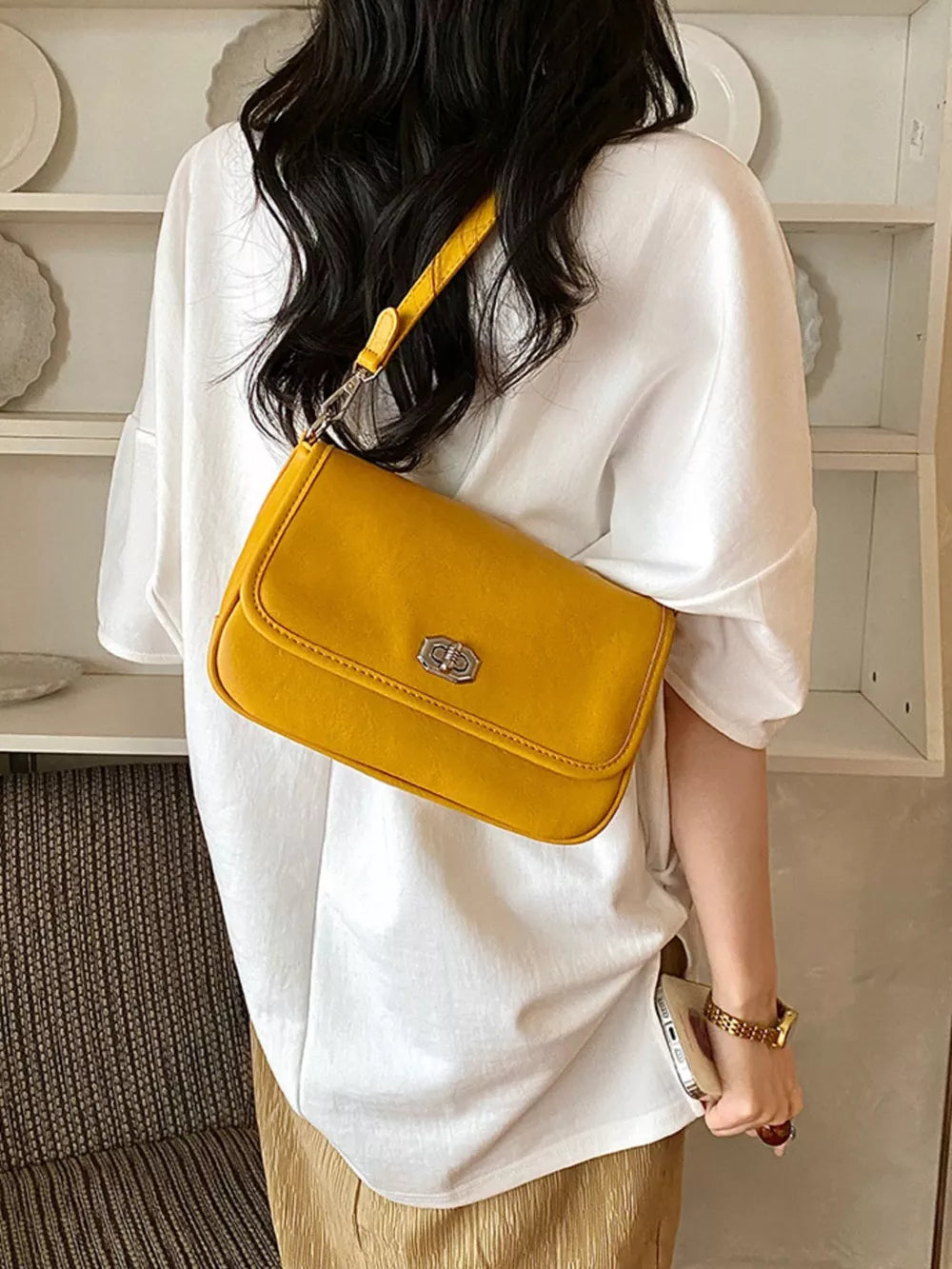 Twist Lock Flap Shoulder Bag in Yellow with flap closure