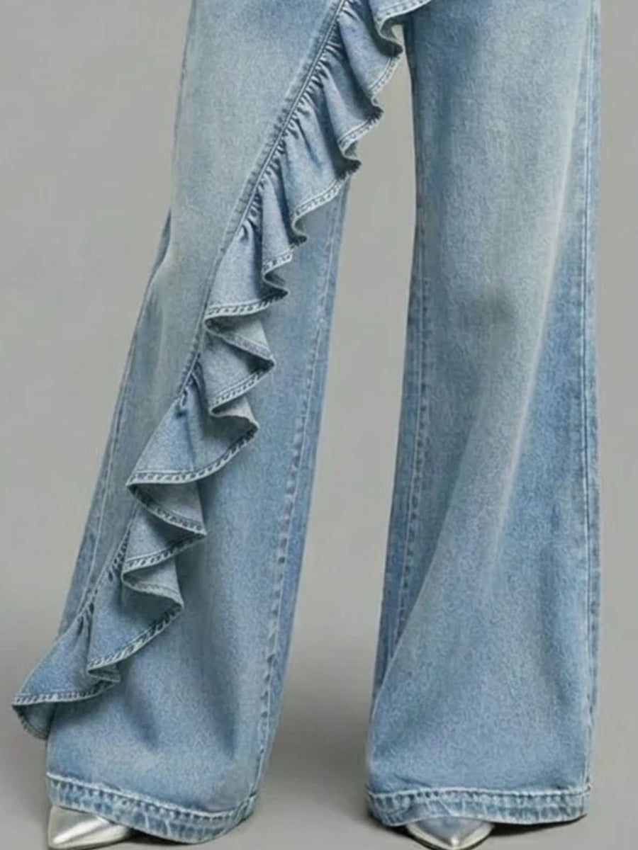 95% cotton, 5% spandex Care instructions: Machine wash cold wide-leg jeans in Dusty Blue with flared silhouette