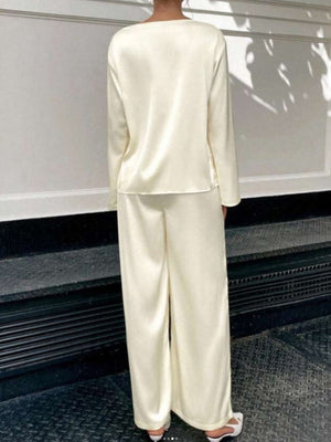 Cream satin loungewear set with boat neck long sleeve top and wide leg pants