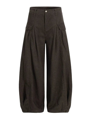 Brown corduroy wide-leg pleated sweatpants with cargo pockets