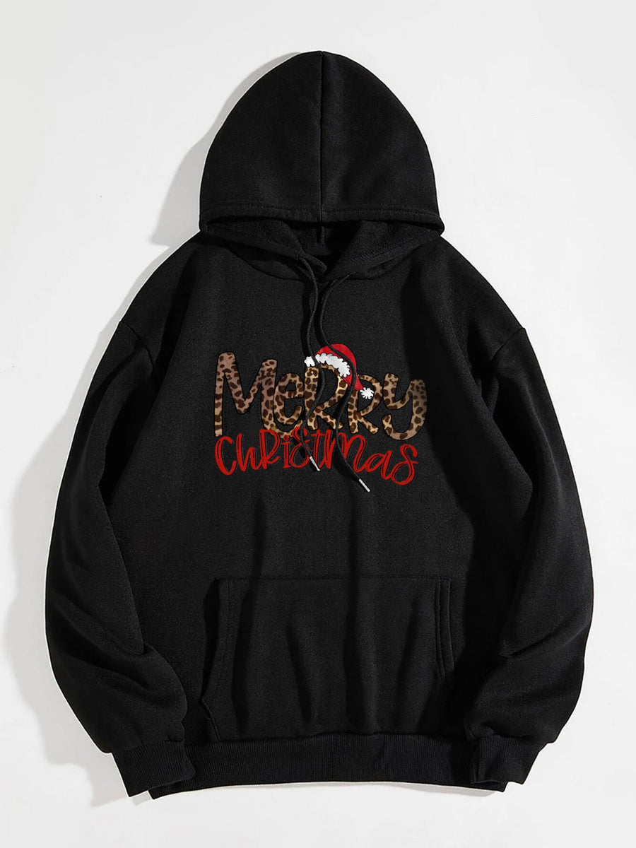 Black hoodie with adjustable hood and Merry Christmas leopard print graphic