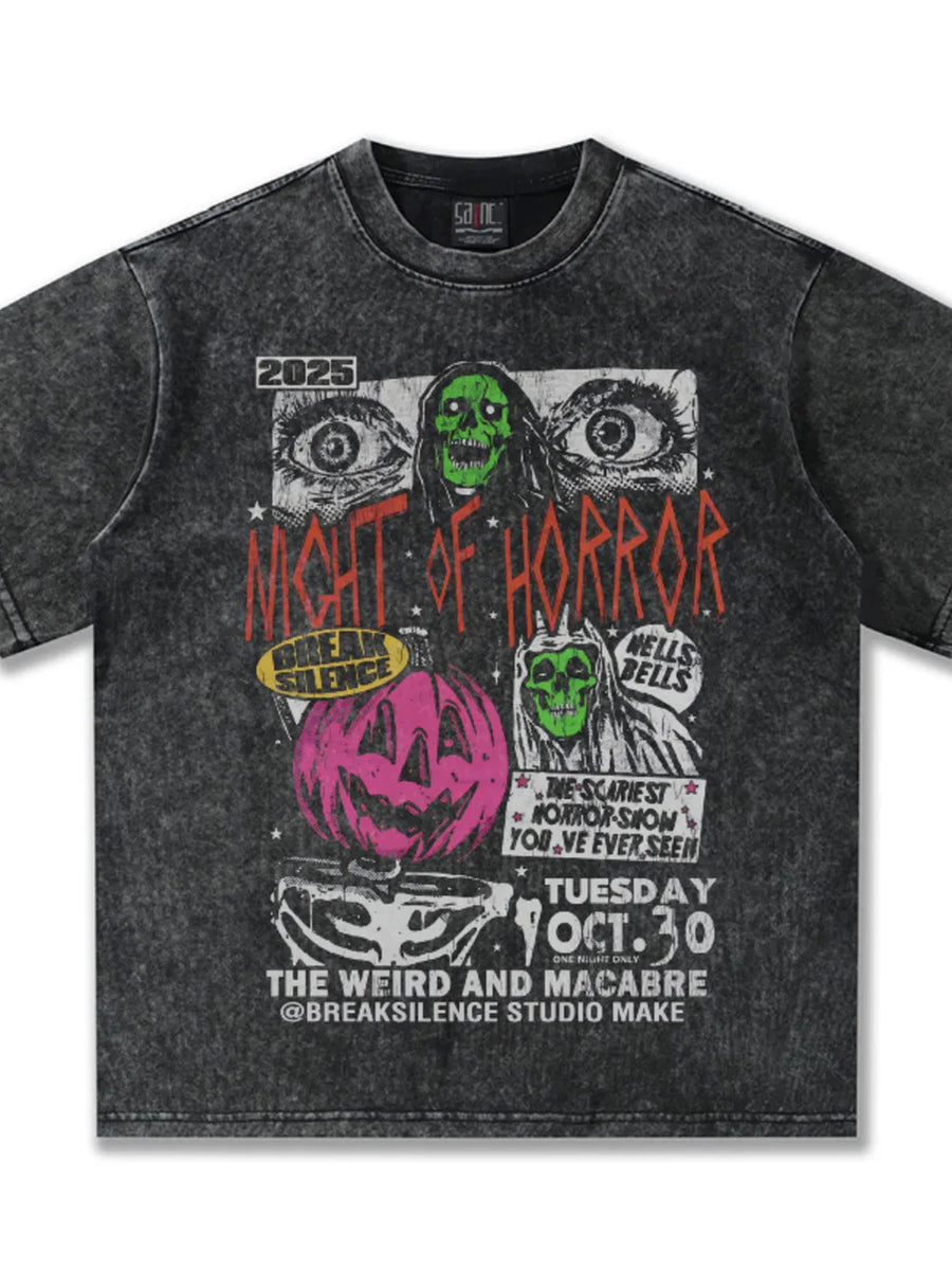 Men's dark gray vintage horror graphic t-shirt with a distressed wash and "Night of Horror" print.