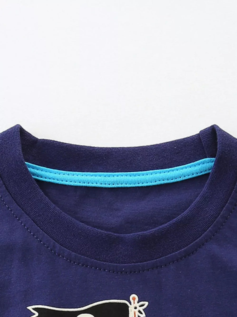 Toddler navy blue cotton crew neck t-shirt with a nautical graphic and blue trim.