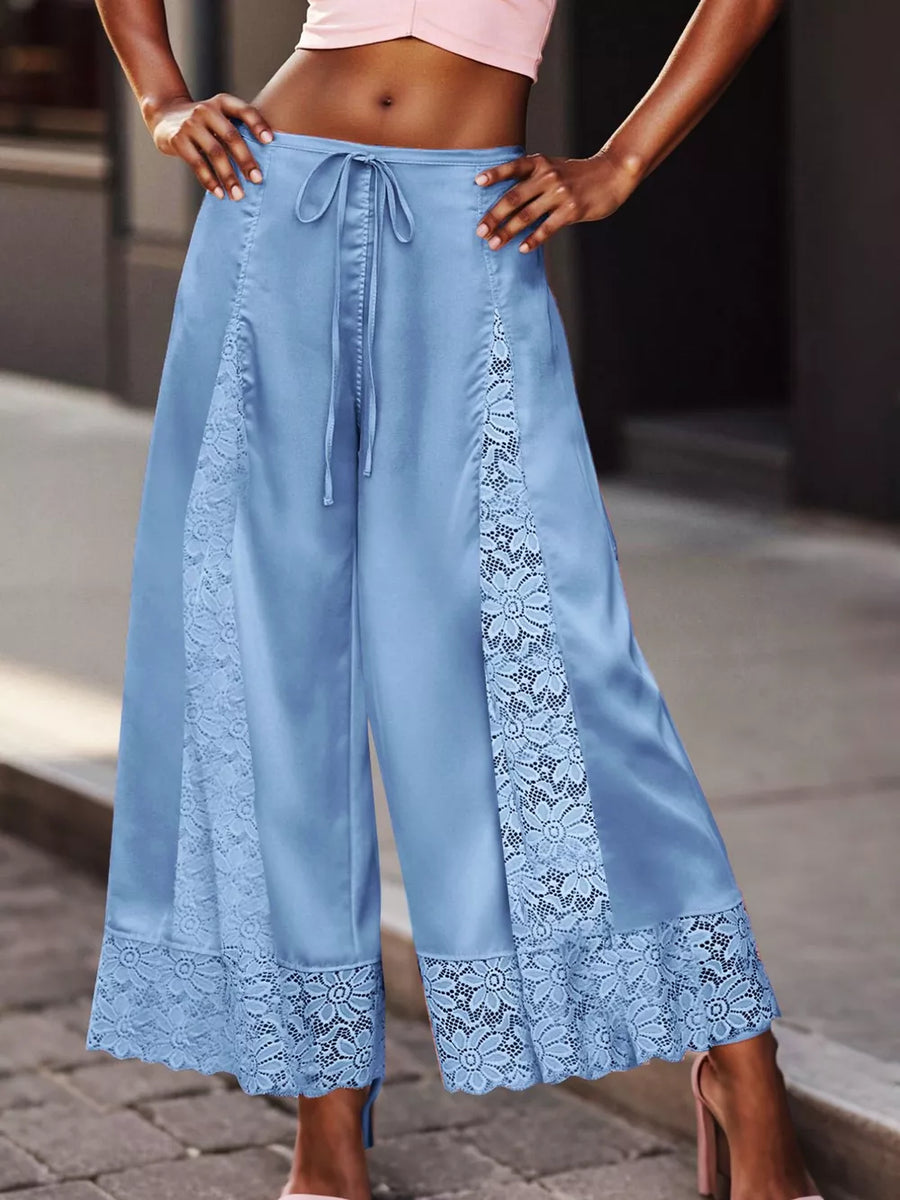 White Lace Trim Wide-leg Cropped Pants
