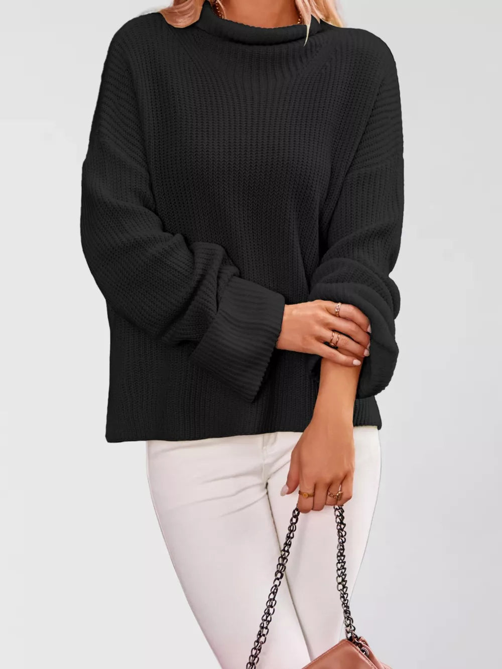 Light Gray mock neck sweater with hip-length and pullover