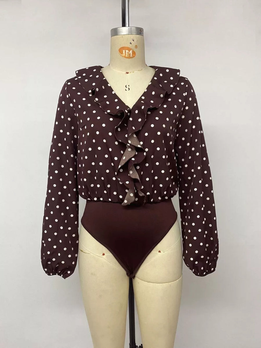 Polka Dot Ruffled V-neck Bodysuit in Coffee Brown with ruffled