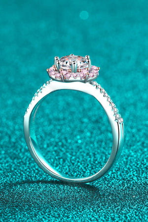 Silver moissanite ring with pink halo and diamond band