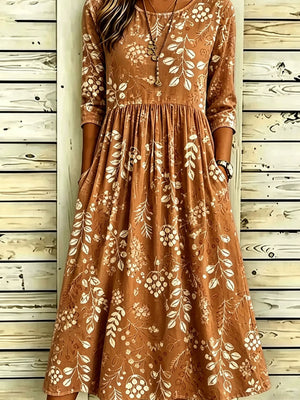 bohemian midi dress in Pink Purple with round neck