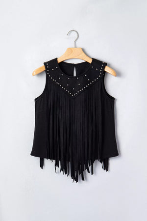 Black fringe tank top with rhinestone-embellished neckline and V-shape detail.