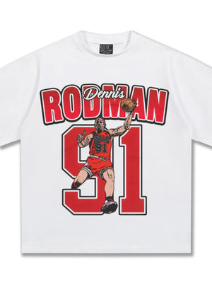 White cotton t-shirt with Dennis Rodman graphic and number 91