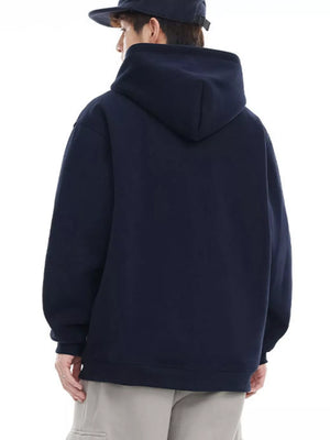 Plus-size navy blue hoodie with a hood and long sleeves, shown from the back.