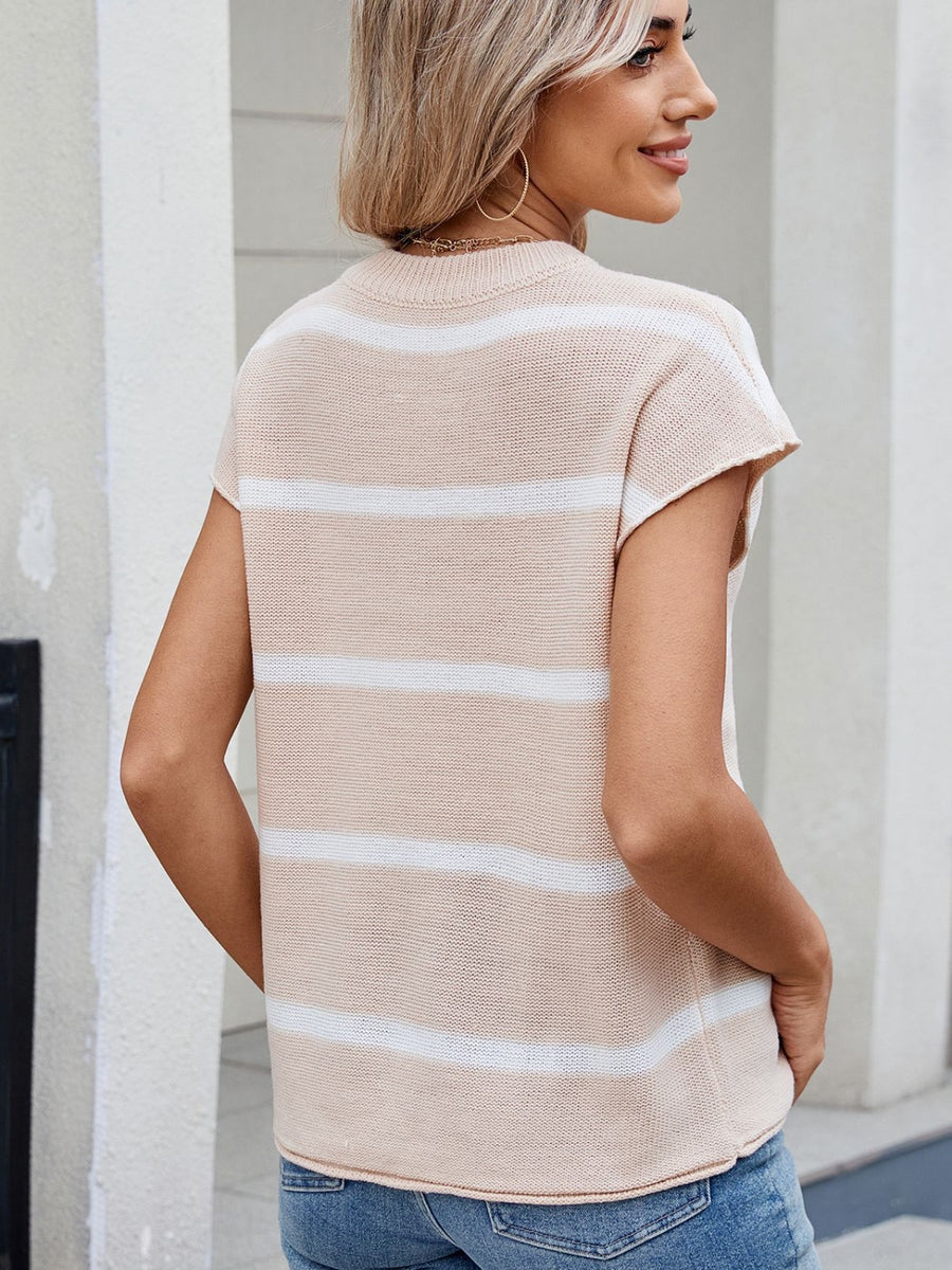 Striped knit tee in tan with white stripes, short sleeves, and a vertical seam detail.