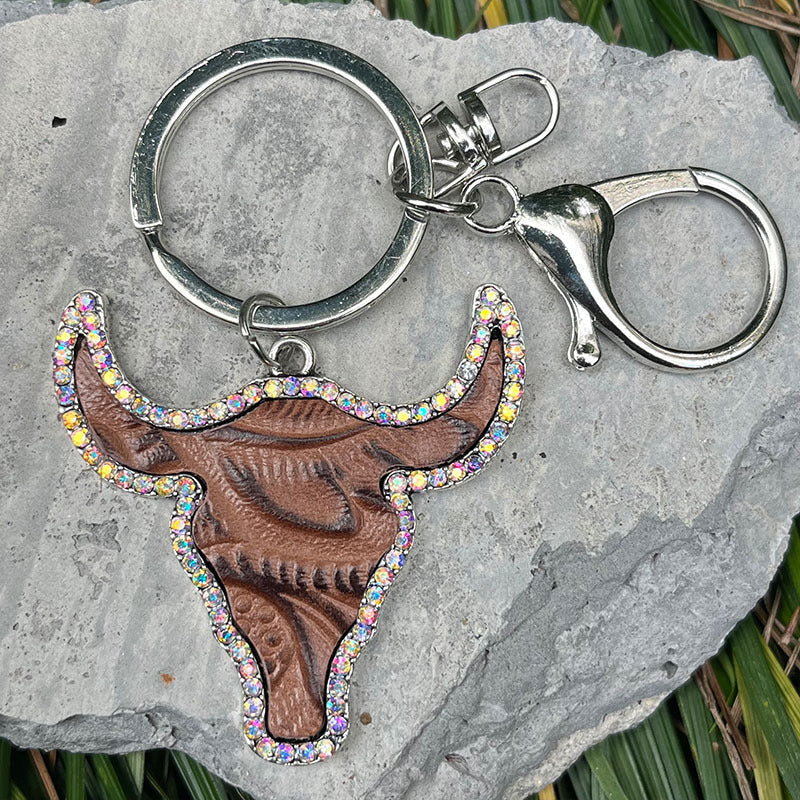 Textured bull head keyring with crystals, brown alloy keychain with rhinestones