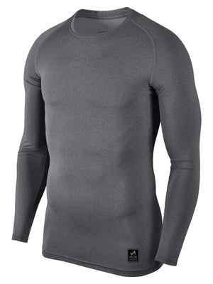 Dark Gray performance long sleeve tee with crew neck and logo detail.