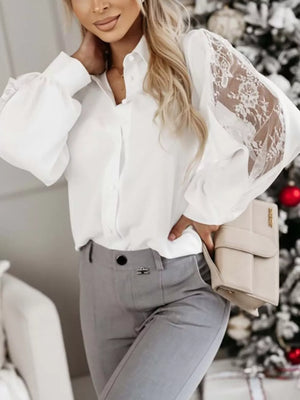 Lace-sleeve Button Up Shirt in White