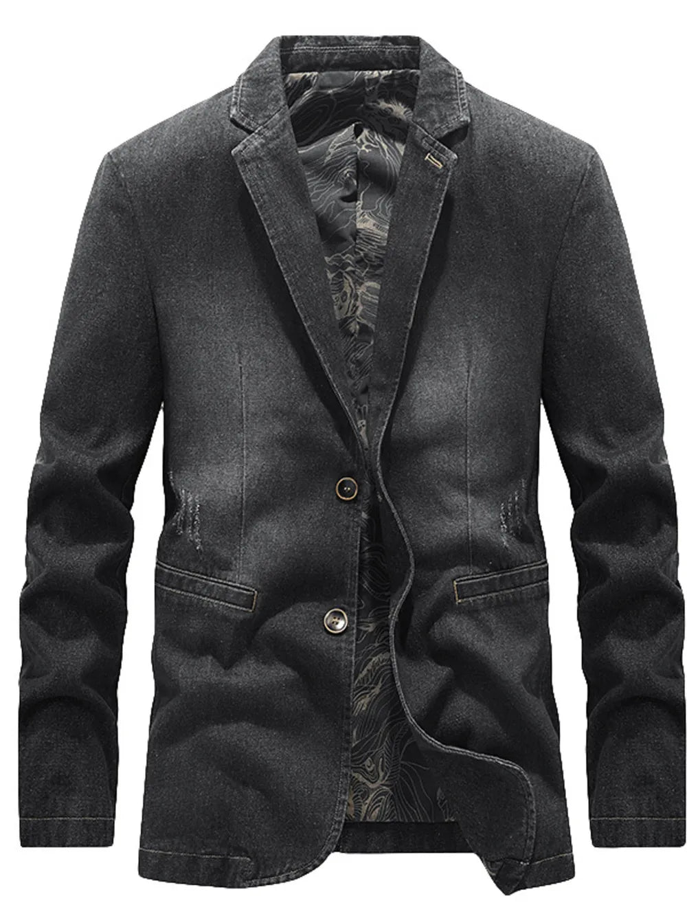 Men's medium wash denim blazer with button-down front and distressed details.