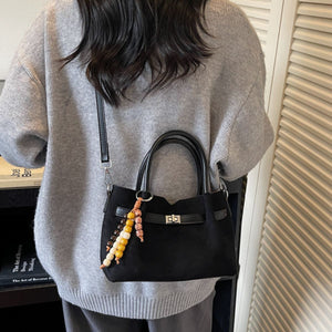 Decorative Lock Suede Handbag Tote Bag in black with top handles