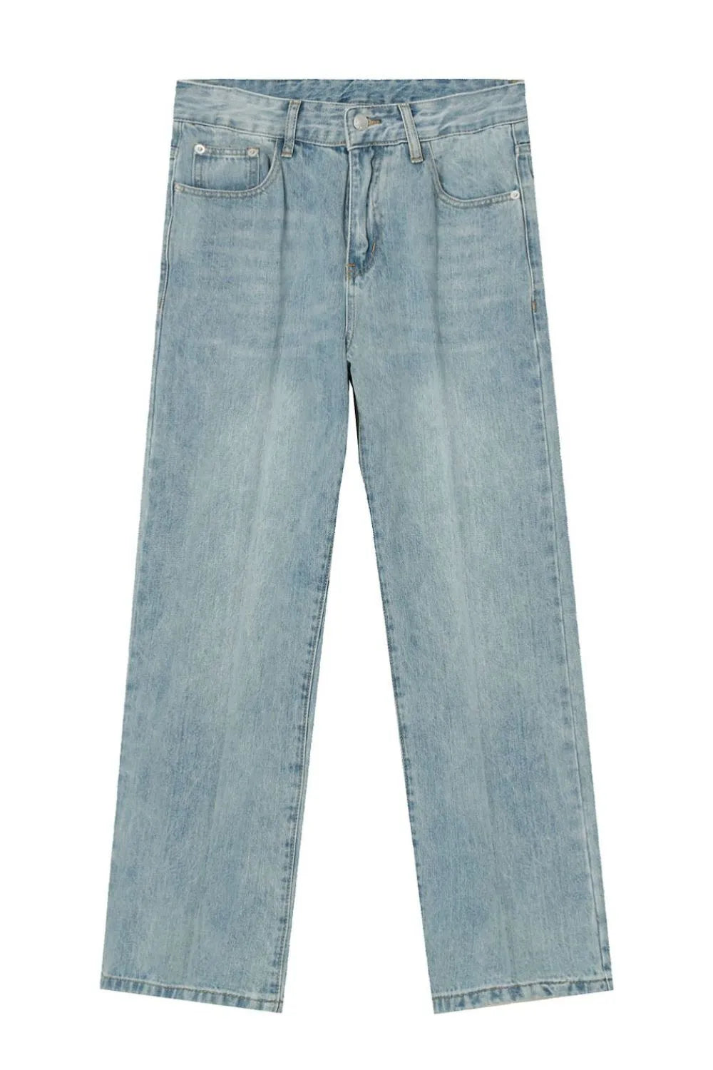 Relaxed fit wide leg jeans in medium wash denim with a classic five-pocket design.
