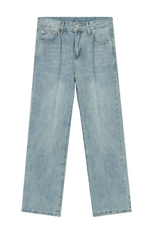 Relaxed fit wide leg jeans in medium wash denim with a classic five-pocket design.