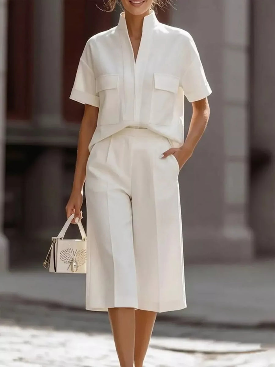 White two-piece set with pocketed top and wide-leg pants