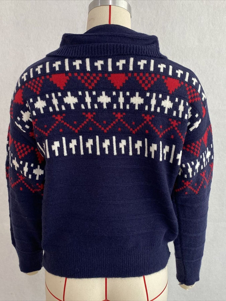Vintage-Inspired Fair Isle Polo Sweater in Dark Gray with buttoned