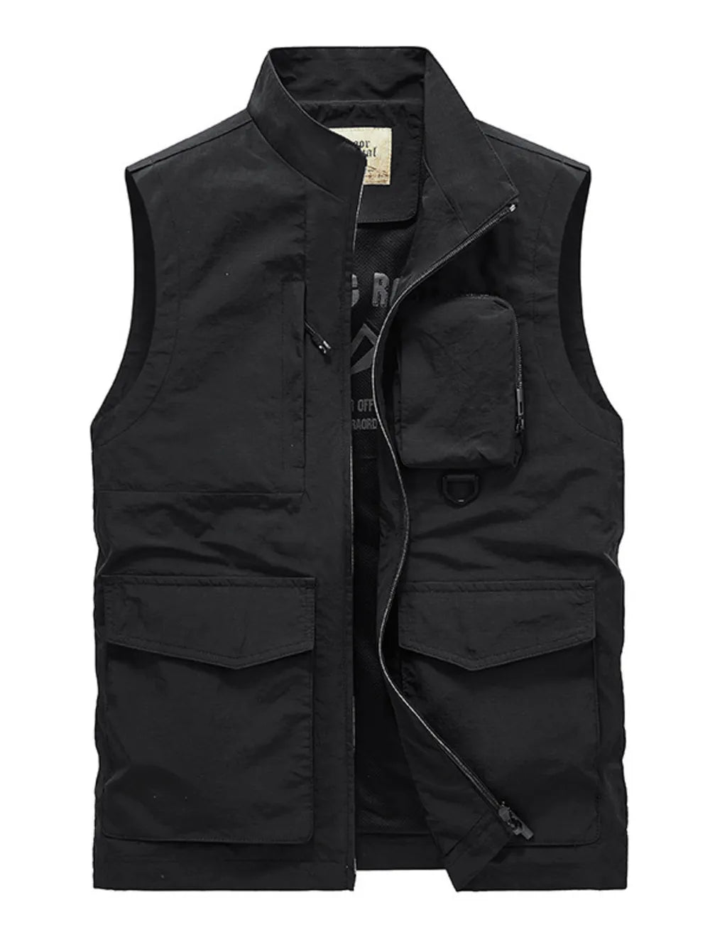 Men's black multi-pocket vest with zip closure and stand collar.
